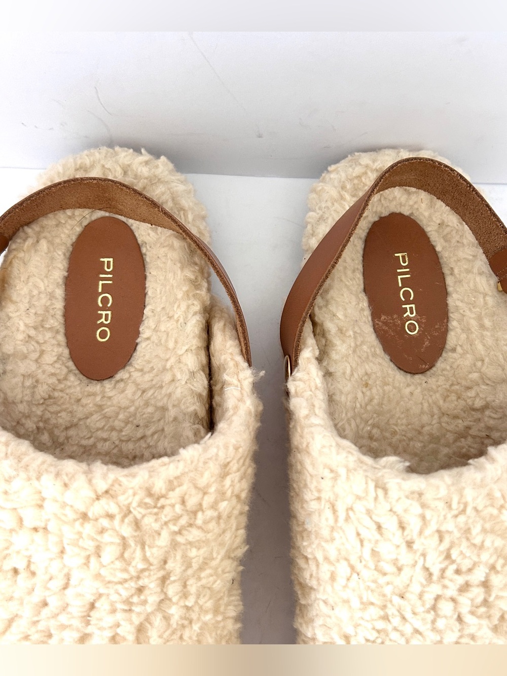 Anthropologie Pilcro Faux Shearling Clogs Beige Tan Leather Slippers Fleece US 9 - Picture 4 of 9